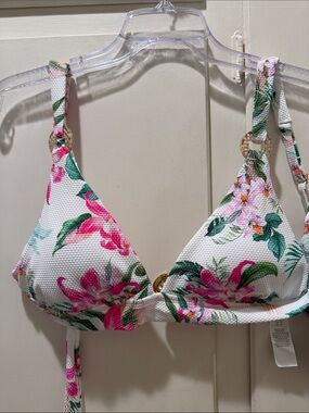 La Blanca White Floral Bikini Top with Pink and Green Accents NWT